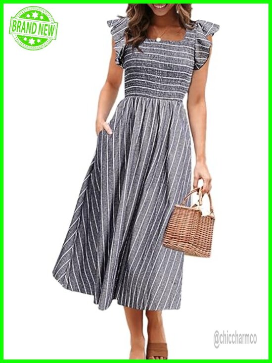 Dresses & Skirts - Cotton Linen Midi Dress with Pockets Square Neck Flutter Sleeve Boho